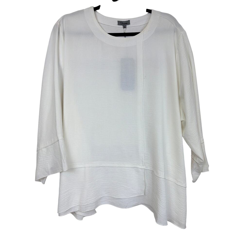 NWT Shana 2X White Round Neck 3/4 Sleeve Button Detail Tunic Top